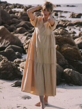 ARAMINTA JAMES ACROPOLIS TIERED MAXI DRESS IN TAN LARGE/12  NWT